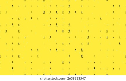 Seamless background pattern of evenly spaced black boxer girl symbols of different sizes and opacity. Vector illustration on yellow background with stars