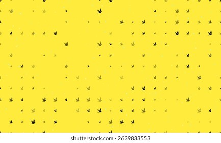 Seamless background pattern of evenly spaced black bird symbols of different sizes and opacity. Vector illustration on yellow background with stars