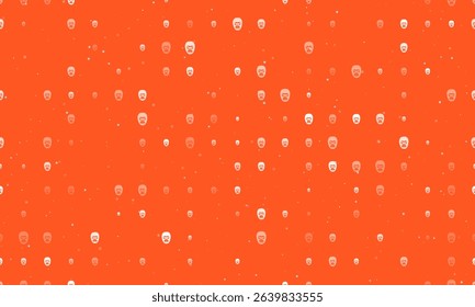 Seamless background pattern of evenly spaced white gorilla heads of different sizes and opacity. Vector illustration on deep orange background with stars