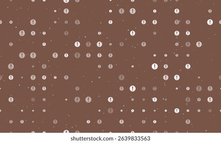 Seamless background pattern of evenly spaced white attention symbols of different sizes and opacity. Vector illustration on brown background with stars
