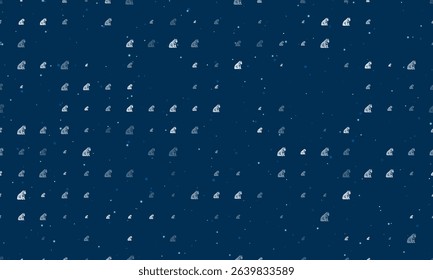 Seamless background pattern of evenly spaced white sitting tiger symbols of different sizes and opacity. Vector illustration on dark blue background with stars