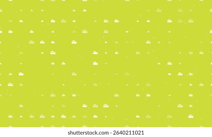 Seamless background pattern of evenly spaced white electric plane symbols of different sizes and opacity. Vector illustration on lime background with stars