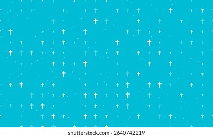 Seamless background pattern of evenly spaced white cross symbols of different sizes and opacity. Vector illustration on cyan background with stars
