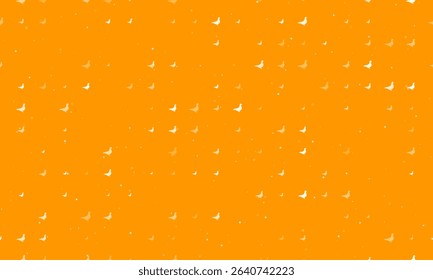 Seamless background pattern of evenly spaced white bird pigeon symbols of different sizes and opacity. Vector illustration on orange background with stars