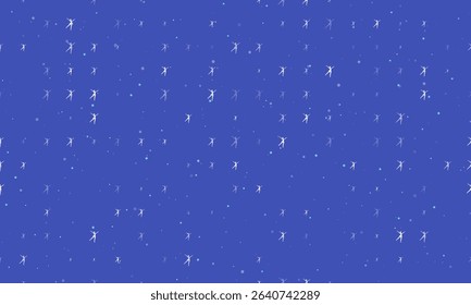 Seamless background pattern of evenly spaced white dancing girl symbols of different sizes and opacity. Vector illustration on indigo background with stars