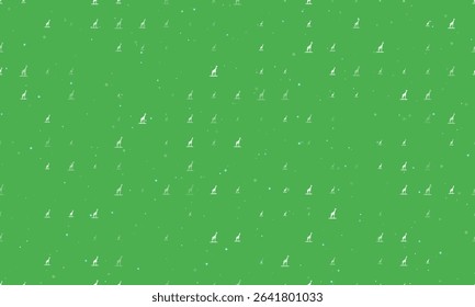 Seamless background pattern of evenly spaced white giraffe symbols of different sizes and opacity. Vector illustration on green background with stars