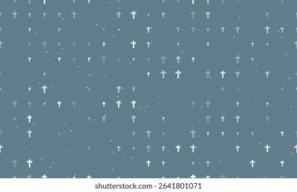 Seamless background pattern of evenly spaced white cross symbols of different sizes and opacity. Vector illustration on blue gray background with stars