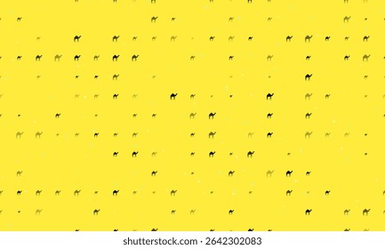 Padrão de fundo uniforme de símbolos de camelo preto uniformemente espaçados de diferentes tamanhos e opacidade. Ilustração vetorial em fundo amarelo com estrelas