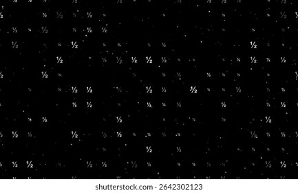 Seamless background pattern of evenly spaced white half fraction symbols of different sizes and opacity. Vector illustration on black background with stars