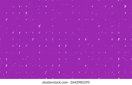 Seamless background pattern of evenly spaced white capital letter F symbols of different sizes and opacity. Vector illustration on purple background with stars