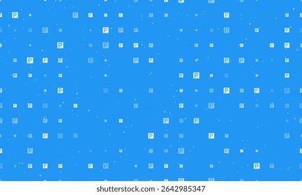 Seamless background pattern of evenly spaced white road parking signs of different sizes and opacity. Vector illustration on blue background with stars