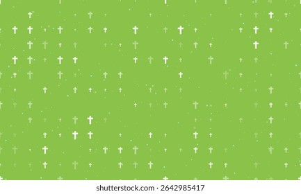 Seamless background pattern of evenly spaced white cross symbols of different sizes and opacity. Vector illustration on light green background with stars