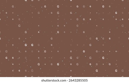 Seamless background pattern of evenly spaced white capital letter G symbols of different sizes and opacity. Vector illustration on brown background with stars