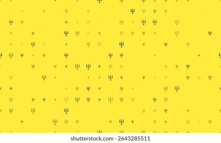 Seamless background pattern of evenly spaced black candlestick with candles symbols of different sizes and opacity. Vector illustration on yellow background with stars