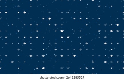 Padrão de plano de fundo uniforme de bule branco com espaçamento uniforme para símbolos de chá de diferentes tamanhos e opacidade. Ilustração vetorial sobre fundo azul escuro com estrelas