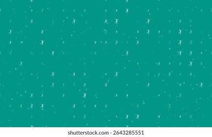 Seamless background pattern of evenly spaced white dancing girl symbols of different sizes and opacity. Vector illustration on teal background with stars