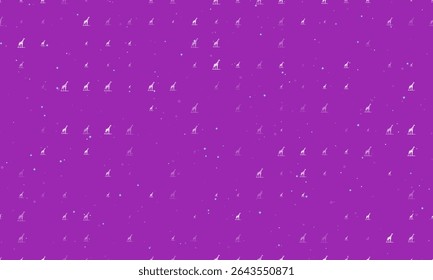 Seamless background pattern of evenly spaced white wild giraffe symbols of different sizes and opacity. Vector illustration on purple background with stars