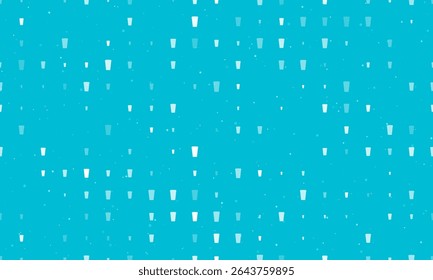 Seamless background pattern of evenly spaced white paper coffee cups of different sizes and opacity. Vector illustration on cyan background with stars