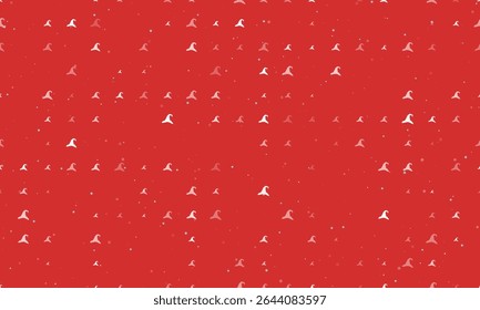 Seamless background pattern of evenly spaced white wizard hat symbols of different sizes and opacity. Vector illustration on red background with stars
