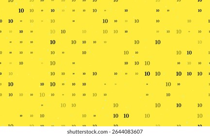 Padrão de plano de fundo uniforme de símbolos de número dez pretos com espaçamento uniforme de diferentes tamanhos e opacidade. Ilustração vetorial em fundo amarelo com estrelas