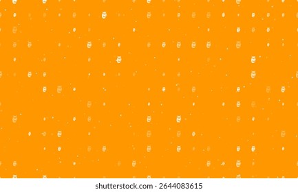 Seamless background pattern of evenly spaced white owl symbols of different sizes and opacity. Vector illustration on orange background with stars