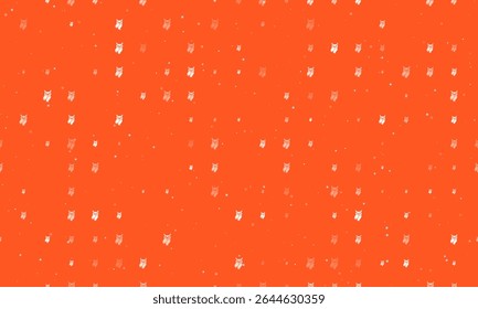 Seamless background pattern of evenly spaced white owl symbols of different sizes and opacity. Vector illustration on deep orange background with stars