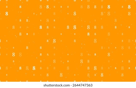 Seamless background pattern of evenly spaced white number eight symbols of different sizes and opacity. Vector illustration on orange background with stars