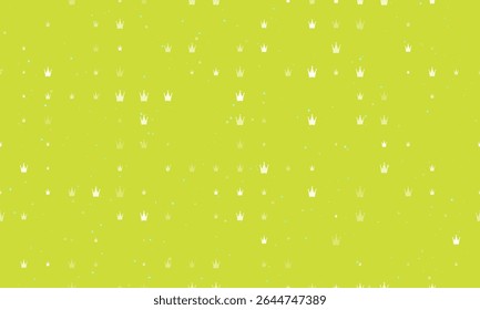 Seamless background pattern of evenly spaced white crown symbols of different sizes and opacity. Vector illustration on lime background with stars