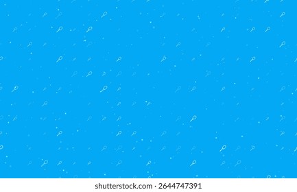 Seamless background pattern of evenly spaced white tennis racket symbols of different sizes and opacity. Vector illustration on light blue background with stars