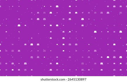Seamless background pattern of evenly spaced white shorts symbols of different sizes and opacity. Vector illustration on purple background with stars