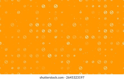 Seamless background pattern of evenly spaced white horning prohibited signs of different sizes and opacity. Vector illustration on orange background with stars