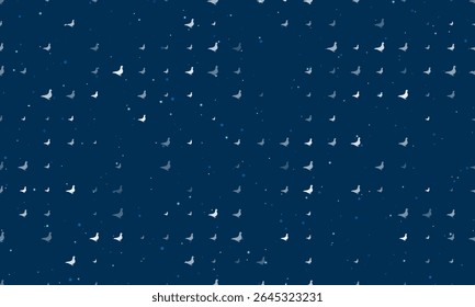 Seamless background pattern of evenly spaced white bird pigeon symbols of different sizes and opacity. Vector illustration on dark blue background with stars