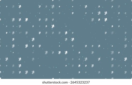 Seamless background pattern of evenly spaced white Voodoo Doll symbols of different sizes and opacity. Vector illustration on blue gray background with stars