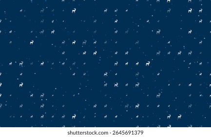 Seamless background pattern of evenly spaced white deer symbols of different sizes and opacity. Vector illustration on dark blue background with stars
