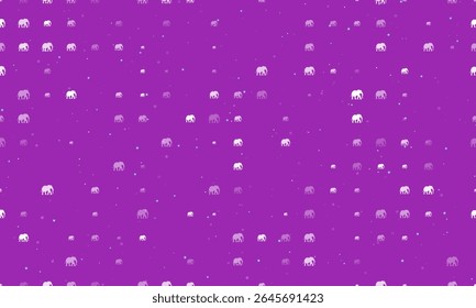 Seamless background pattern of evenly spaced white elephants of different sizes and opacity. Vector illustration on purple background with stars