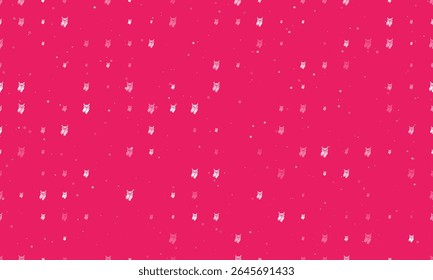 Seamless background pattern of evenly spaced white owl symbols of different sizes and opacity. Vector illustration on pink background with stars