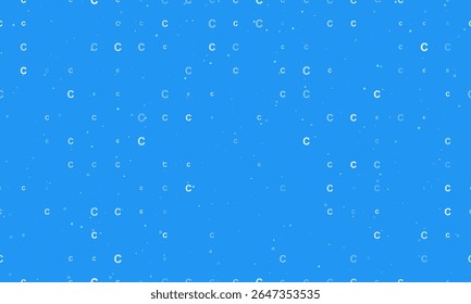 Seamless background pattern of evenly spaced white capital letter C symbols of different sizes and opacity. Vector illustration on blue background with stars