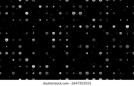 Seamless background pattern of evenly spaced white bear head symbols of different sizes and opacity. Vector illustration on black background with stars