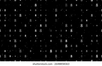 Seamless background pattern of evenly spaced white number eight symbols of different sizes and opacity. Vector illustration on black background with stars