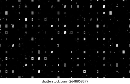 Seamless background pattern of evenly spaced white Three of Clubs playing cards of different sizes and opacity. Vector illustration on black background with stars