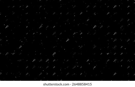 Seamless background pattern of evenly spaced white tennis racket symbols of different sizes and opacity. Vector illustration on black background with stars