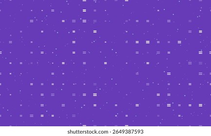 Seamless background pattern of evenly spaced white equals symbols of different sizes and opacity. Vector illustration on deep purple background with stars