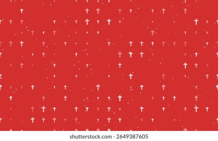 Seamless background pattern of evenly spaced white cross symbols of different sizes and opacity. Vector illustration on red background with stars