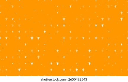 Seamless background pattern of evenly spaced white giraffe head symbols of different sizes and opacity. Vector illustration on orange background with stars