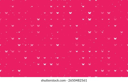 Padrão de plano de fundo uniforme de símbolos de borboleta branca uniformemente espaçados de diferentes tamanhos e opacidade. Ilustração vetorial sobre fundo rosa com estrelas