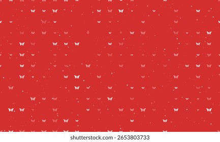 Seamless background pattern of evenly spaced white butterfly symbols of different sizes and opacity. Vector illustration on red background with stars