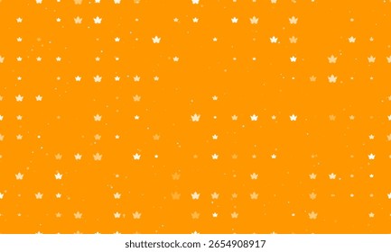 Seamless background pattern of evenly spaced white maple leaf symbols of different sizes and opacity. Vector illustration on orange background with stars