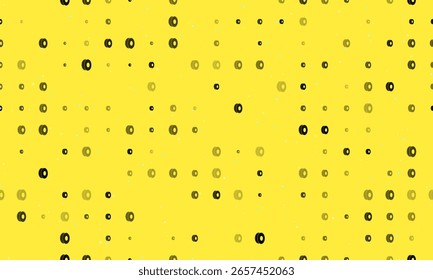 Padrão de plano de fundo uniforme de símbolos de filamentos de impressão 3D pretos com espaçamento uniforme de diferentes tamanhos e opacidade. Ilustração vetorial em fundo amarelo com estrelas