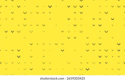 Seamless background pattern of evenly spaced black deer horns symbols of different sizes and opacity. Vector illustration on yellow background with stars