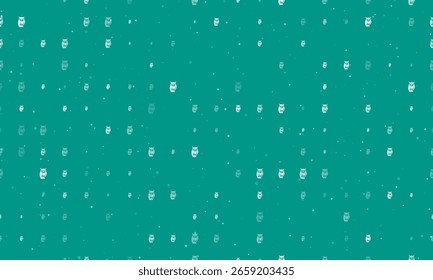 Seamless background pattern of evenly spaced white owl symbols of different sizes and opacity. Vector illustration on teal background with stars